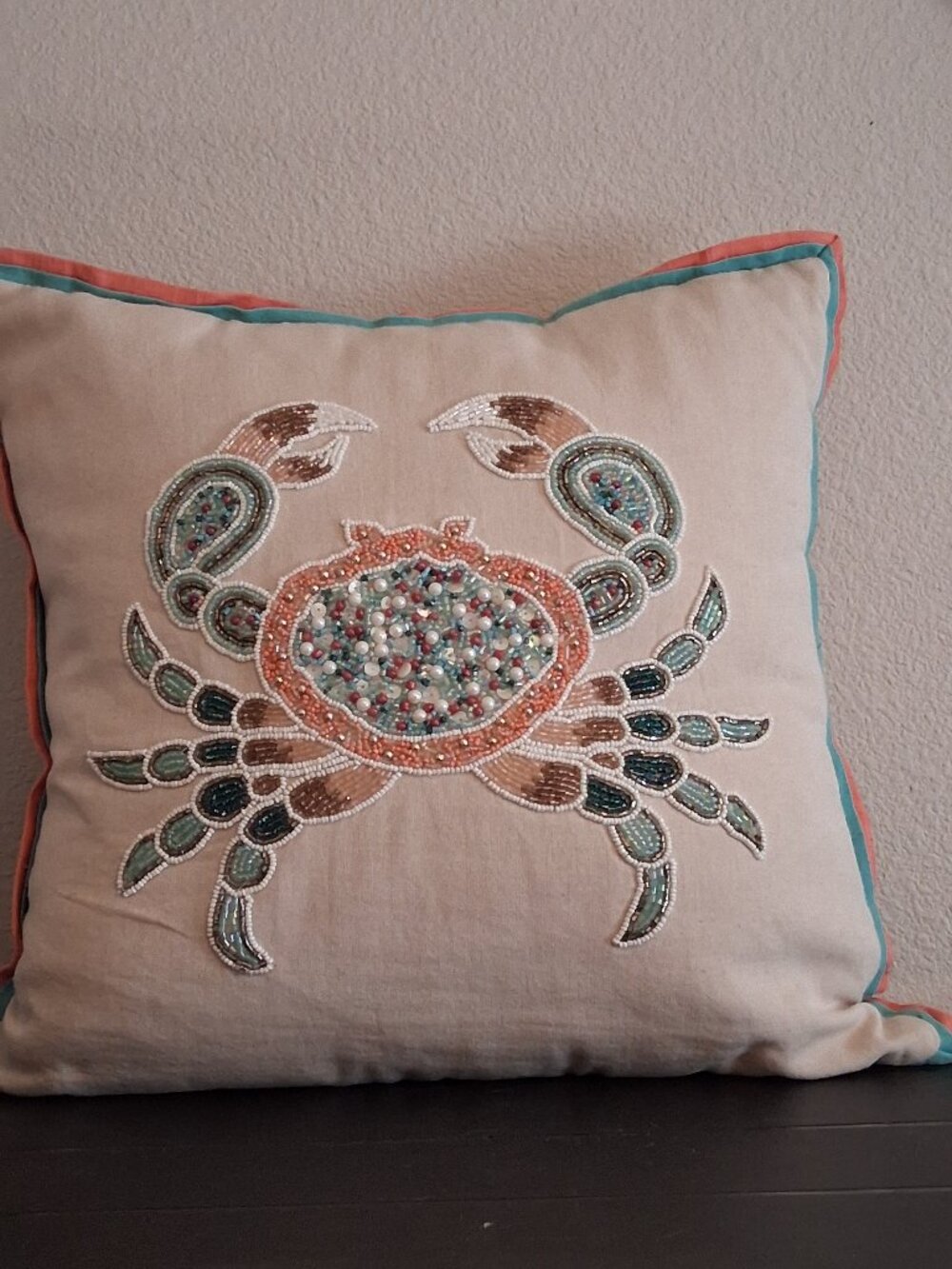 Pier 1 Tropical Boho Nautical Beach Beaded sequin Crab Decor throw Pillow 16X16"